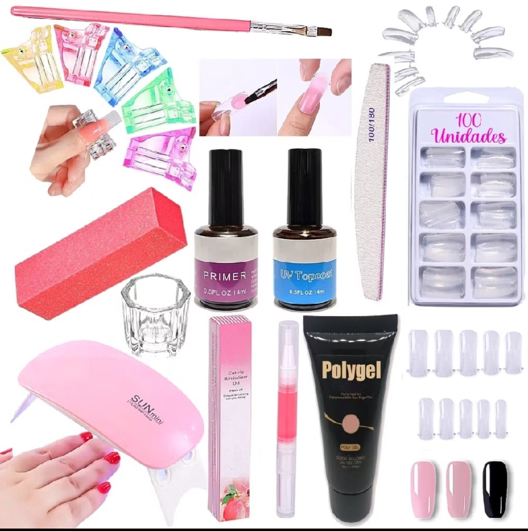 Kit Polygel Alongamento de Unha + Molde F1 + Lixa + Top Coat + Primer + Cabine Sun Mini